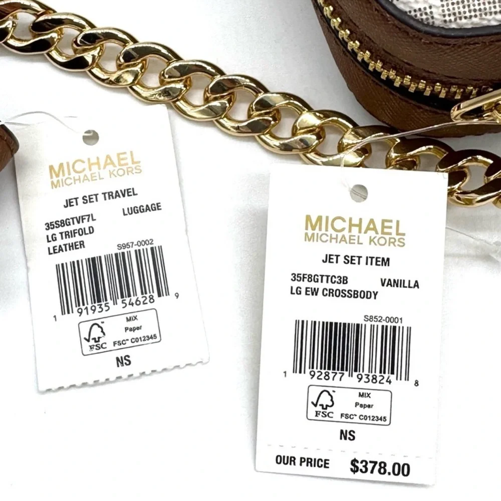 Michael Kors Large EW Crossbody Bag & Large Trifold Wallet Vanilla/Brown Set - Picture 11 of 11